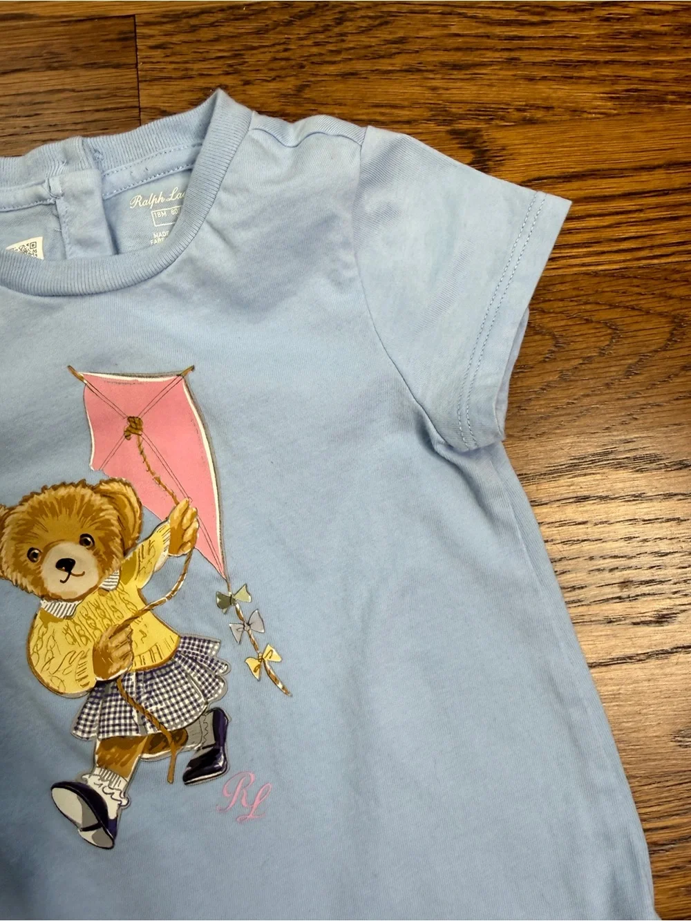Ralph Lauren Baby Girl Light Blue Polo Bear Kite Cotton Jersey Dress w/Bloomers